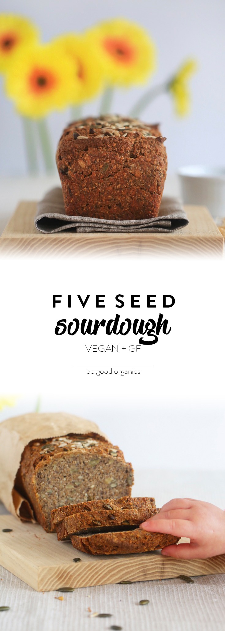 pin sliced vegan five seed sourdough bread with sunflowers in background