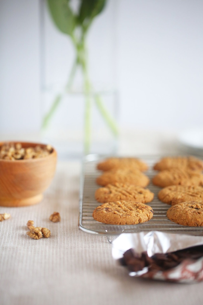 walnut and chocolate chip cookies with extra walnuts in a bowl and dark chocolate 