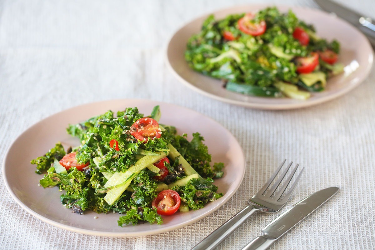 KALE, KARENGO & CUCUMBER SALAD with a delicious japanese inspired sesame seed dressing - vegan, plant-based, dairy free, gluten free, refined sugar free, nut free, healthy, seaweed, lunch, dinner, easy, under 20 minutes, begoodorganics 
