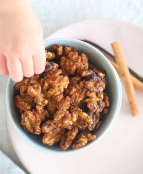 The crunchiest most delicious CARAMELISED CINNAMON WALNUTS - perfect for topping your favourite salad or dessert bowl - easy, 4 ingredients, 5 minutes, healthy, plant based, low sugar, gluten free, dairy free, vegan, begoodorganics