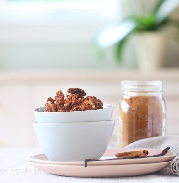 The crunchiest most delicious CARAMELISED CINNAMON WALNUTS - perfect for topping your favourite salad or dessert bowl - easy, 4 ingredients, 5 minutes, healthy, plant based, low sugar, gluten free, dairy free, vegan, begoodorganics