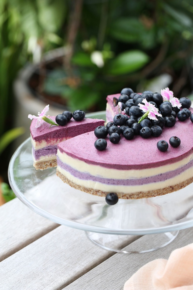 blueberry and beetroot vegan cheesecake with red and blue layers 