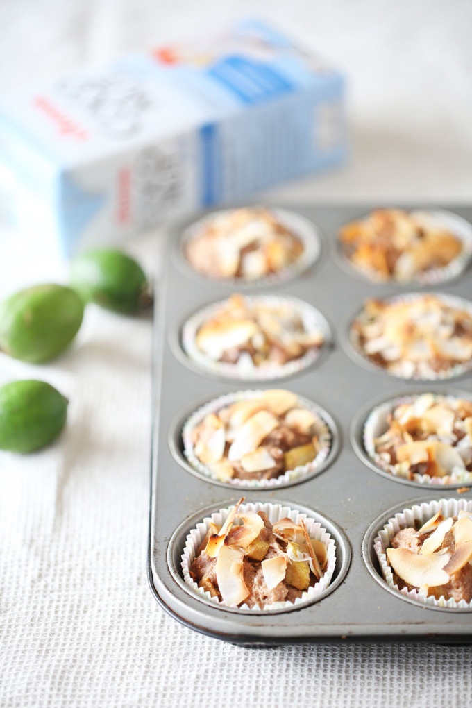 Fruity muffins by Buffy Ellen with toasted coconut on top and plant milk in back