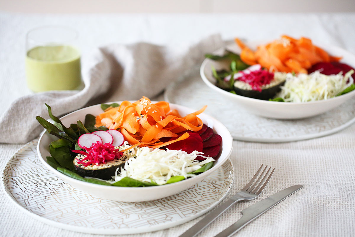These delicious rainbow bowls are brimming with goodness, but it’s the dressing that will capture your heart! Full of herbs, flavour, and oh so rich and creamy, you’ll be drizzling it over everything. Vegan, dairy, egg and gluten free.
