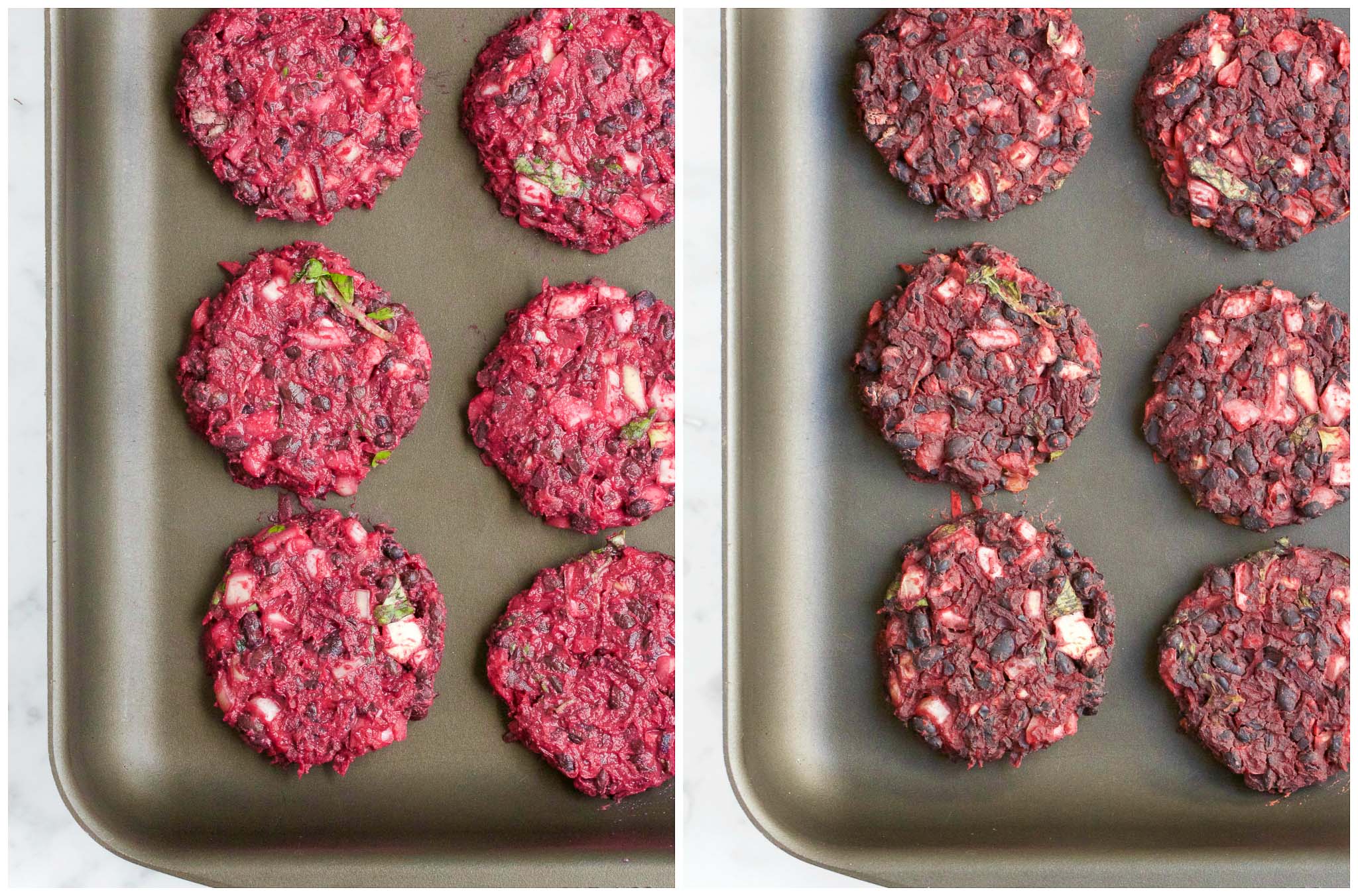 Beetroot, Basil and Black Bean Burgers Patties before and after they are cooked. Recipe by Buffy Ellen of Be Good Organics - vegan and gluten free.