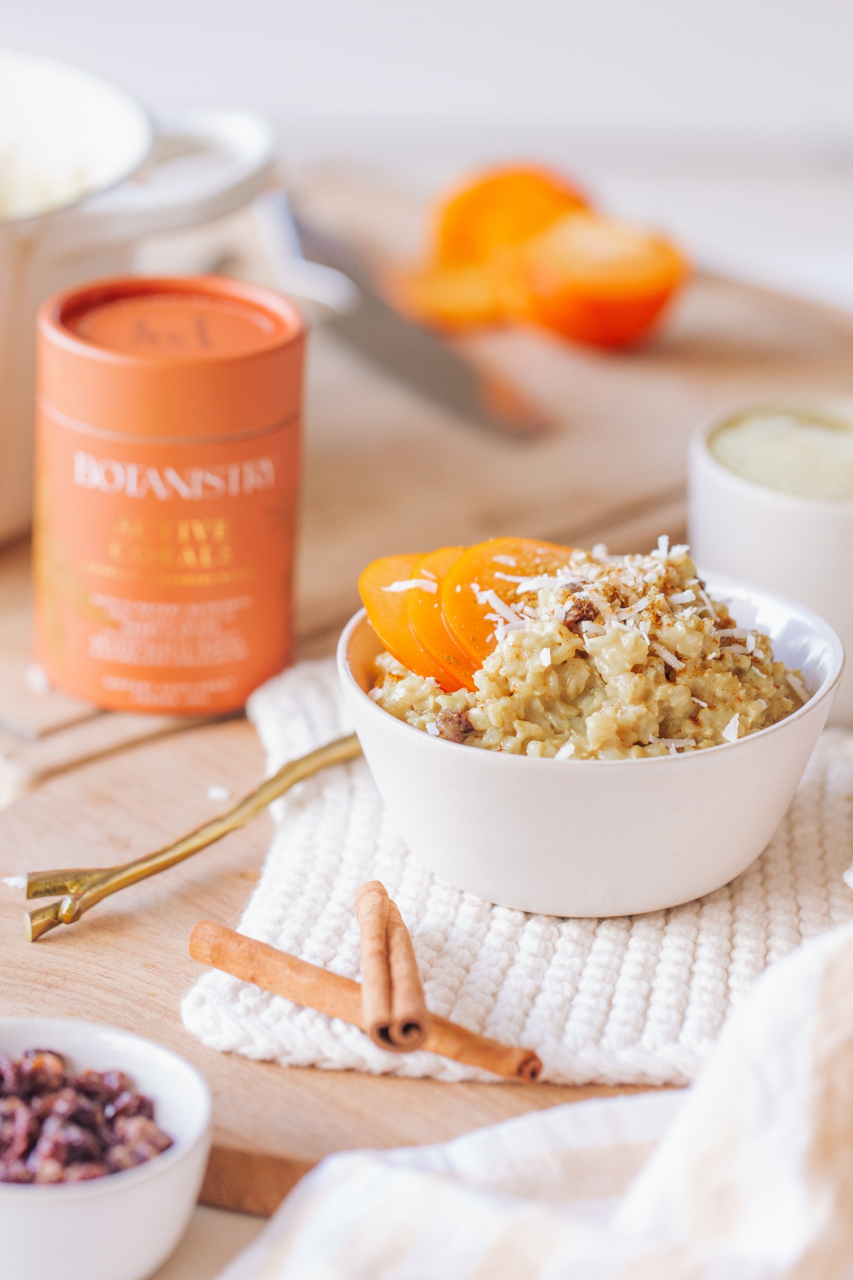 chai rice pudding with coconut, persimmons, maple syrup, brown rice and cinnamon spice blend 