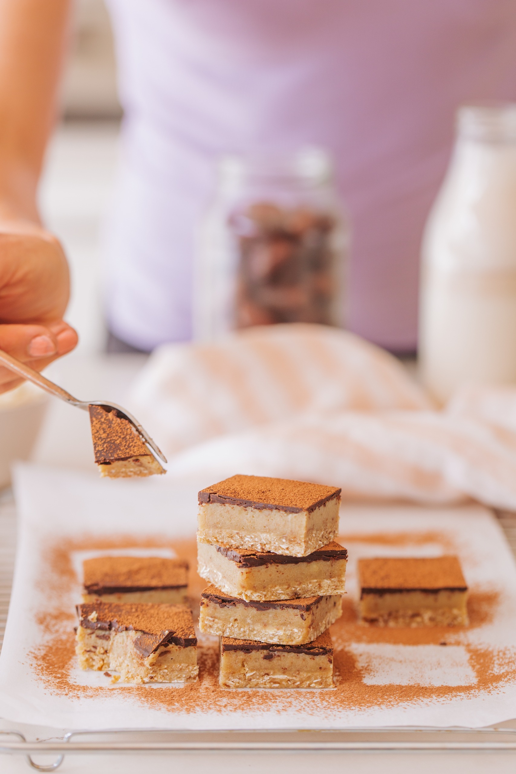 Miso Caramel Slice by Buffy Ellen with cacao power, cute fork, dates and coconut