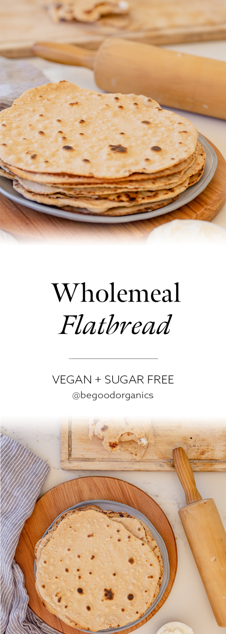 Pin of wholemeal flatbread on blue plate with wooden stand and roller