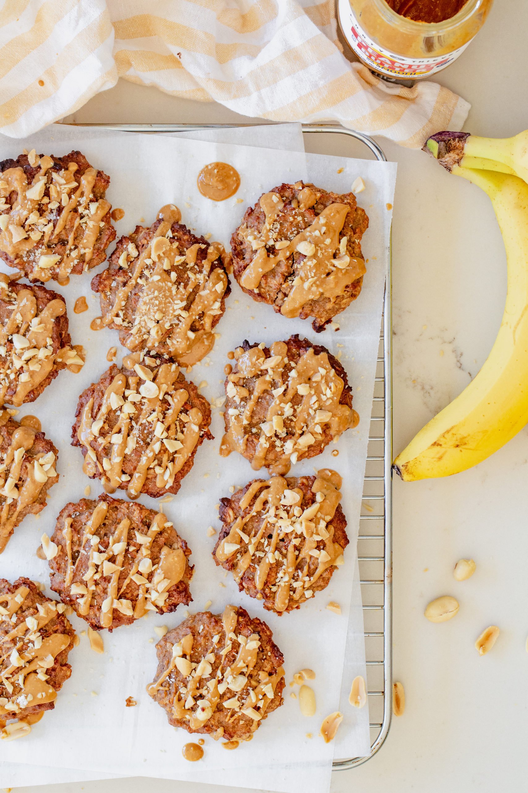 Top down of banana peanut butter breakfast cookies on tray