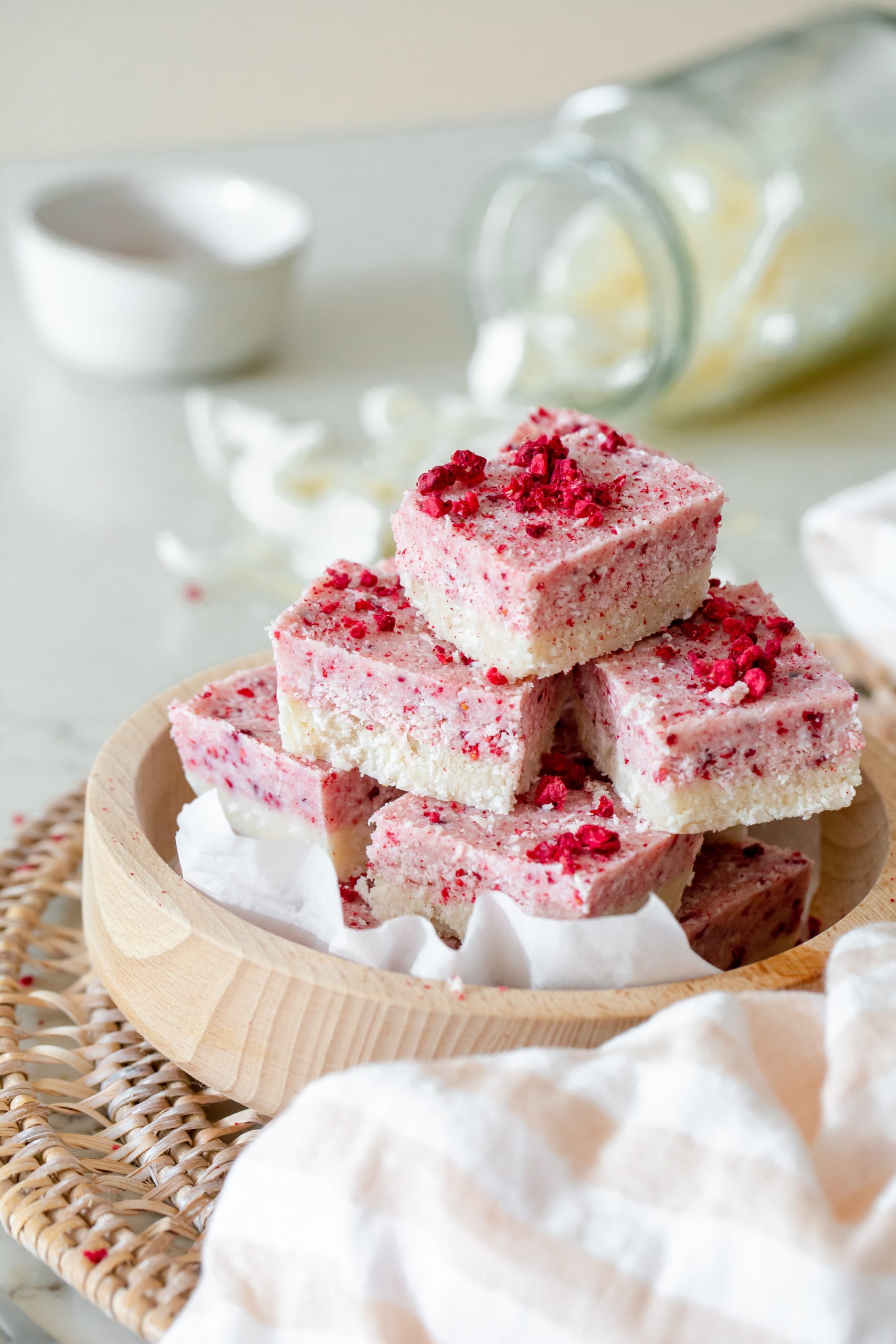 bowl with pink and white squares of coconut ice